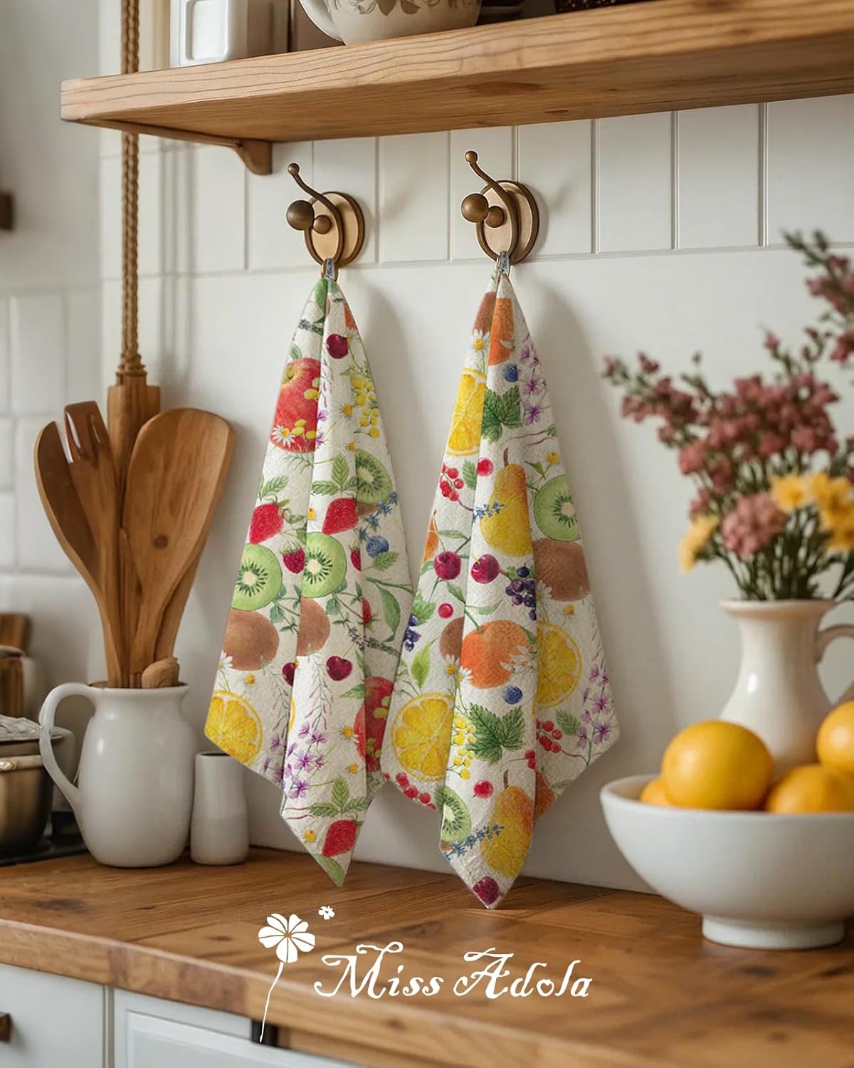 Flour Sack Kitchen Towels - Set of 2 Cotton Dish Towels with Hanging Loop Decorative 16x26 Inch Absorbent Cute Design for Housewarming Gifts, Fruits - Image 3