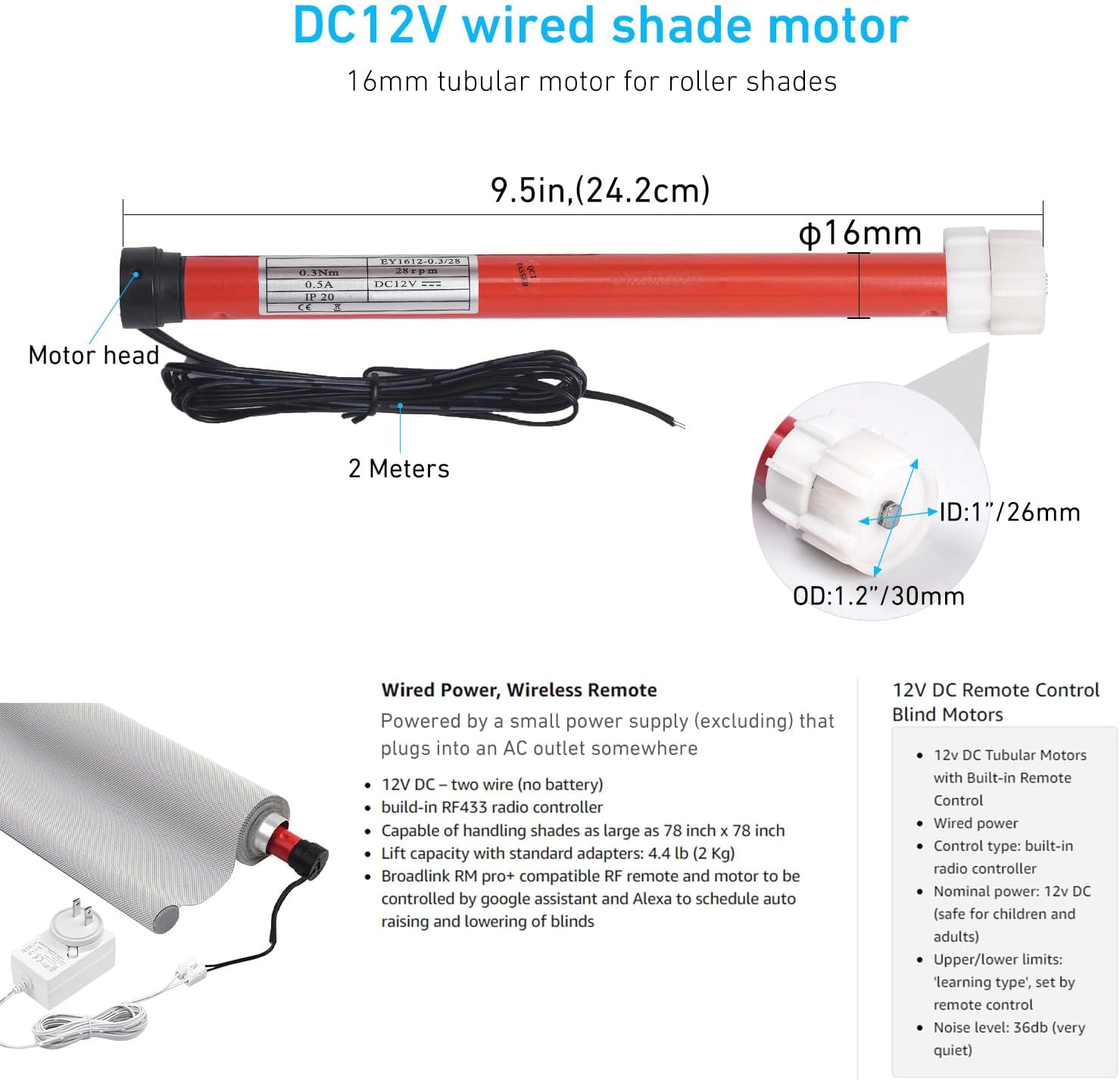 DC12V EY1612 Wired Shade Motor Transmitter Control Directly or App Control via IR/RF Gateway – DIY Smart Home Automation – Supports Up to 2kg (4.4 lbs) – Works with 12V Power Supply