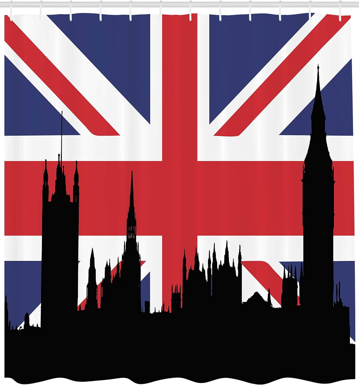 Ambesonne Union Jack Shower Curtain, Houses of The Parliament Silhouette on UK Flag Historic Urban Skyline, Cloth Fabric Bathroom Decor Set with Hooks, 69" W x 75" L, Royal Blue Black Red