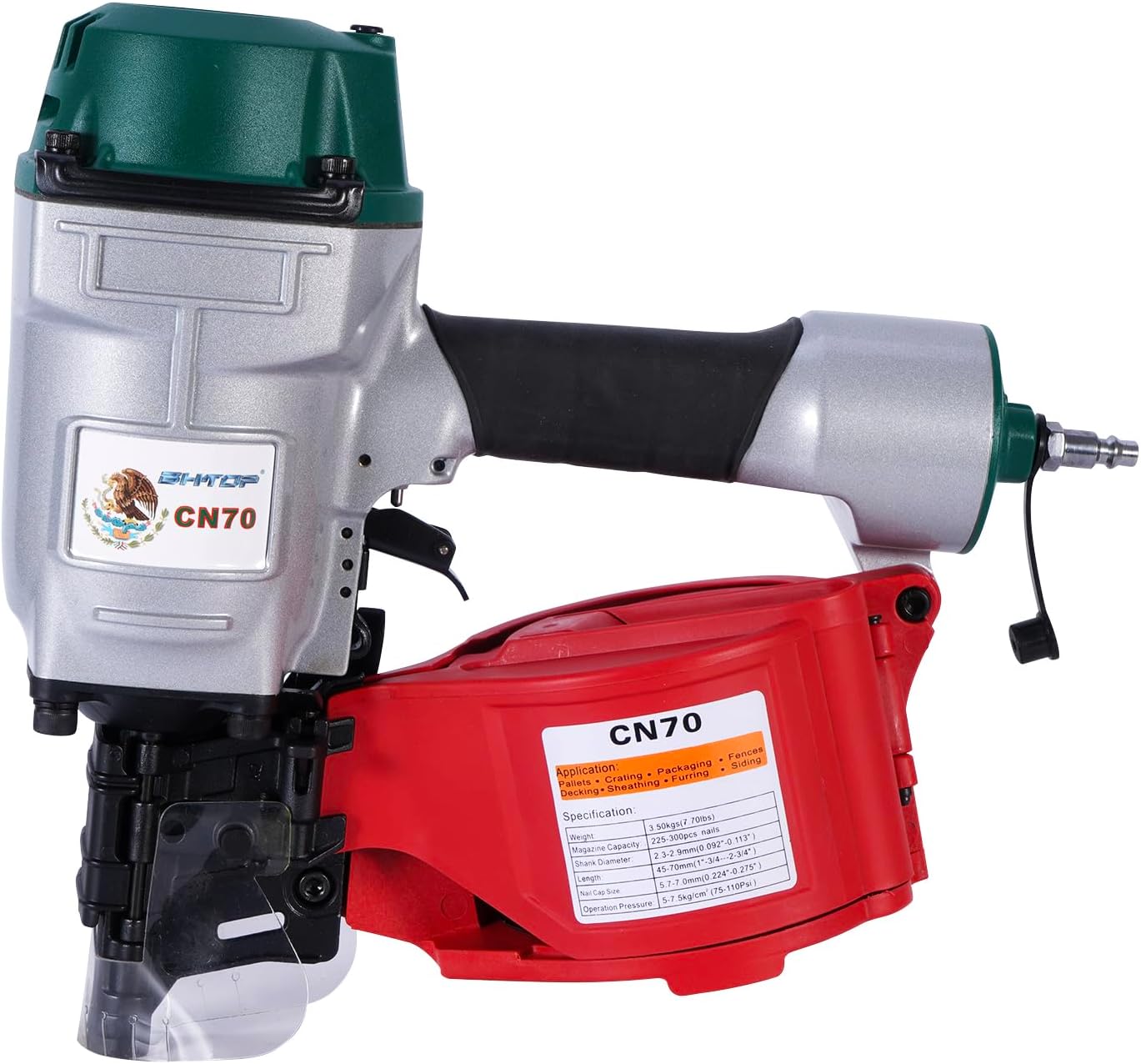 BHTOP Mexican Style CN70 Coil Siding Nail Gun, 15 Degree Pneumatic Siding Nailer, 1-3/4" to 2-3/4" Coil Siding Nailer for Siding Sheathing Wooding Fencing Decking