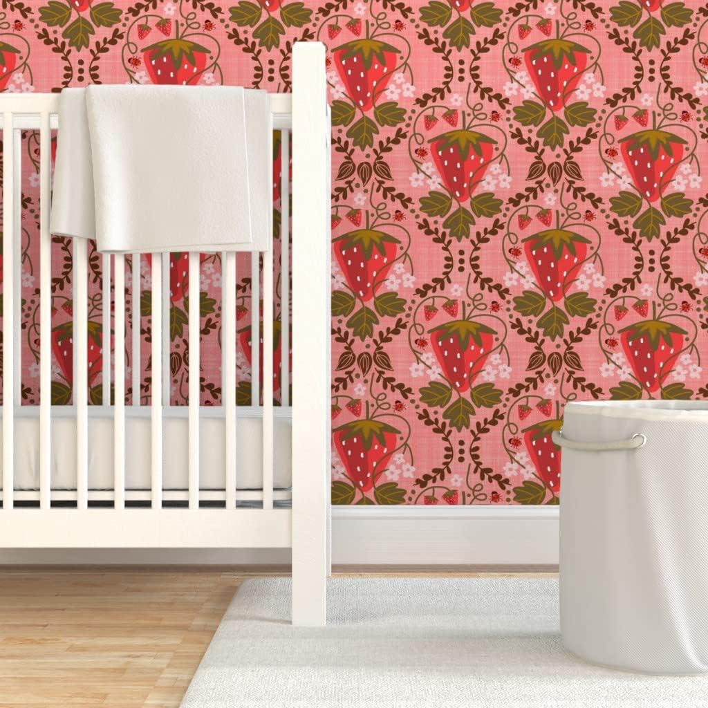 Peel & Stick Wallpaper 3ft x 2ft - Strawberry Damask Mustard Pink Floral Happy Sweet Custom Removable Wallpaper by Spoonflower