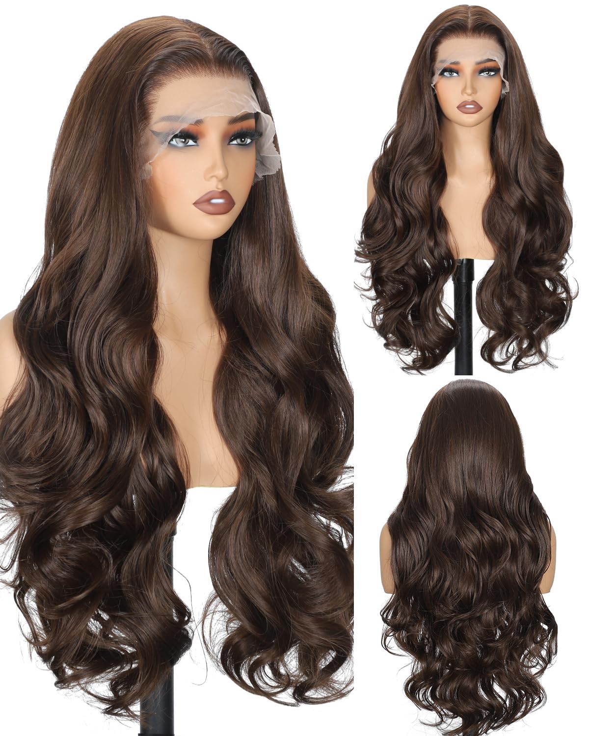 Chocolate Brown Synthetic Lace Front Wig for Women 13x6 HD Lace Wig Long Wavy Wig with Natural Lace Front Daily Wear & Fashion Show 4# 30 Inch