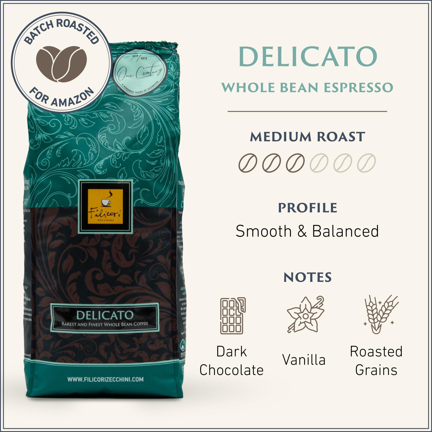 Filicori Zecchini Italian Espresso Beans – Whole Bean Coffee Medium Roast Arabica & Robusta Blend – Low Acidity, Slow Roasted – Delicato 2.2lb Bag