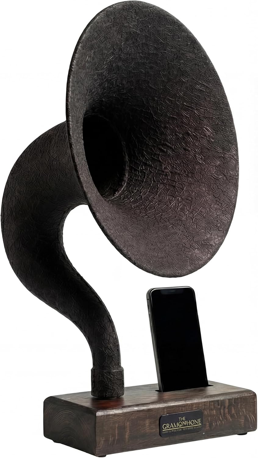 Handmade Acoustic Phone Speaker, Gramophone Phone Amplifier, Vintage Passive Speaker for Home Decor, Office Furniture Gift, Unique Handmade Smart Phone Dock - 17" Large - Walnut Wood & Black Horn