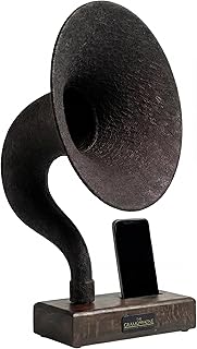 Handmade Acoustic Phone Speaker, Gramophone Phone Amplifier, Vintage Passive Speaker for Home Decor, Office Furniture Gift, Unique Handmade Smart Phone Dock - 17" Large - Walnut Wood & Black Horn