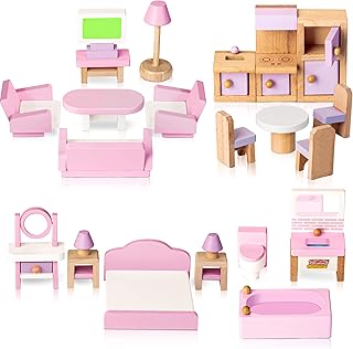 Wooden Dollhouse Furniture Set, 22 Pcs Miniature Furniture Toys Including Living Room, Bedroom, Kitchen, Bathroom, Doll House Accessories, Pretend Play Toys for Kids Boys Girls Age 3+