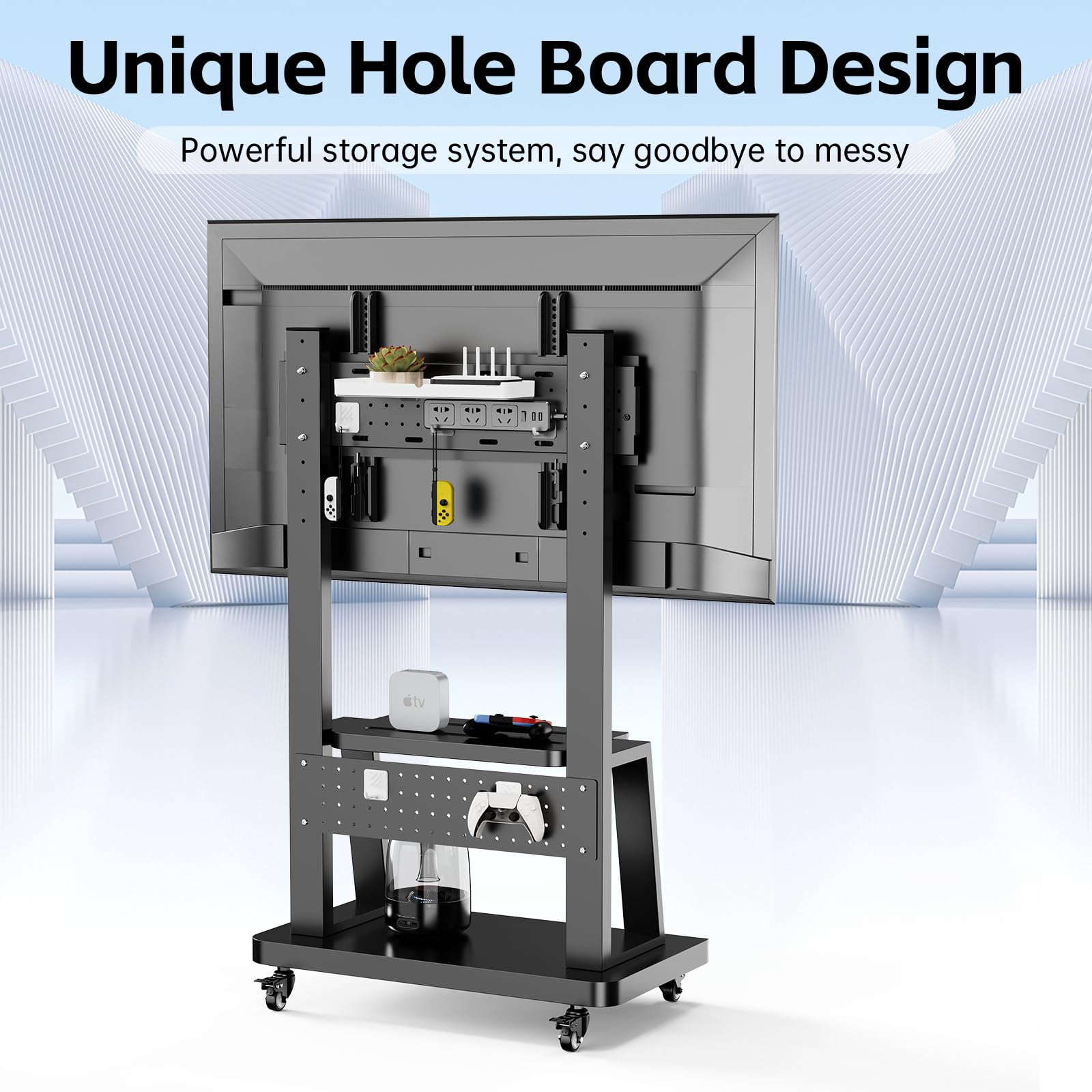 Soporte de TV móvil con ruedas para TV de 32 a 75 pulgadas plano/curvado/LCD/OLED, soporte portátil de suelo con estante de acero y plataforma de agujero, altura ajustable soporta hasta 180 libras