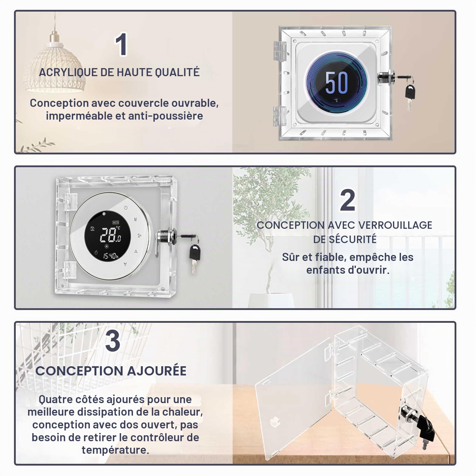 Boîtier de verrouillage pour thermostat avec 2 clés, en acrylique transparent, couvercle de protection inviolable avec vis et boulons, empêche l'accès non autorisé pour la maison, le bureau, l'école