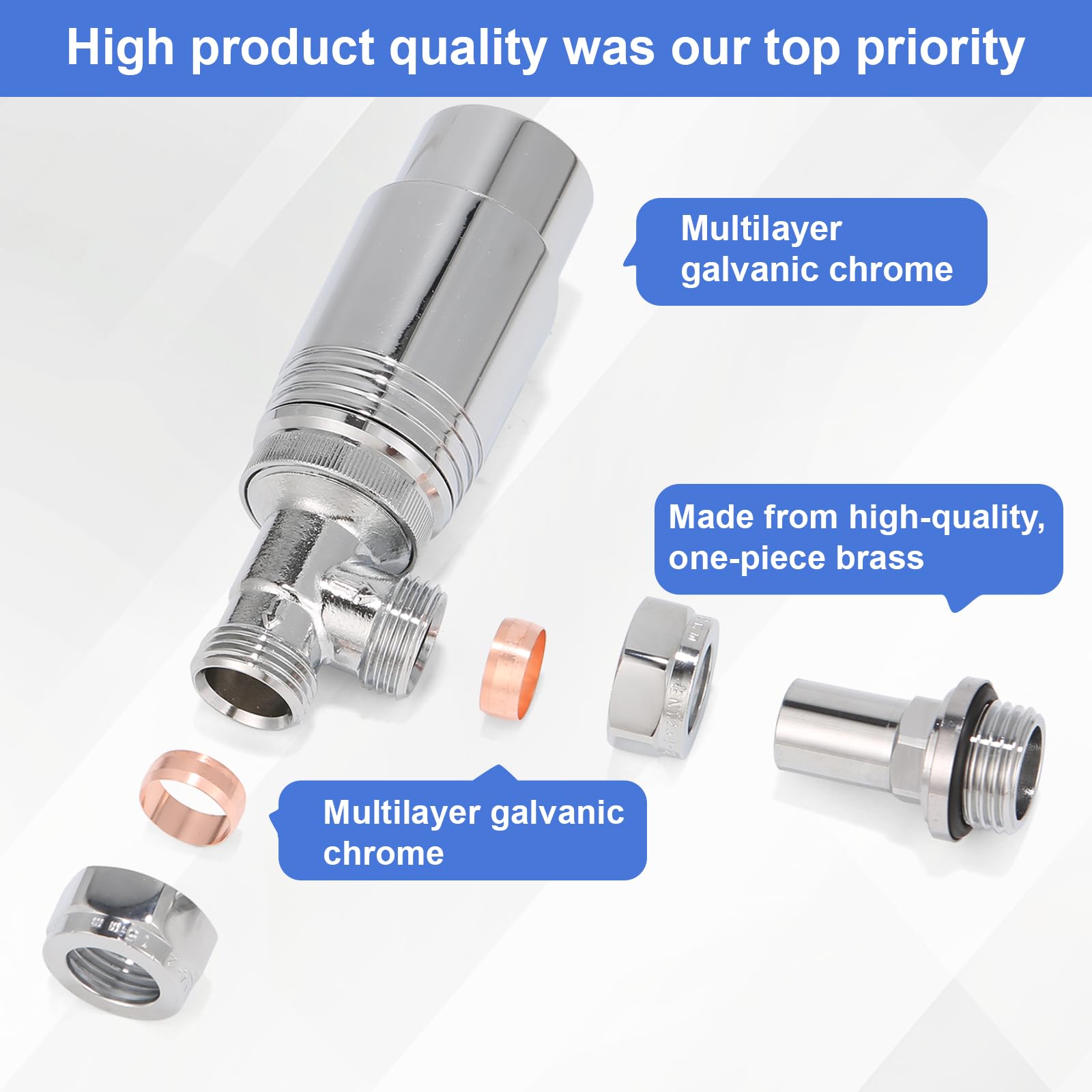 SVNR Thermostatic Radiator Valves (TRV), Textured Chrome, Angled Lockshield Valve, 15mm - Image 4