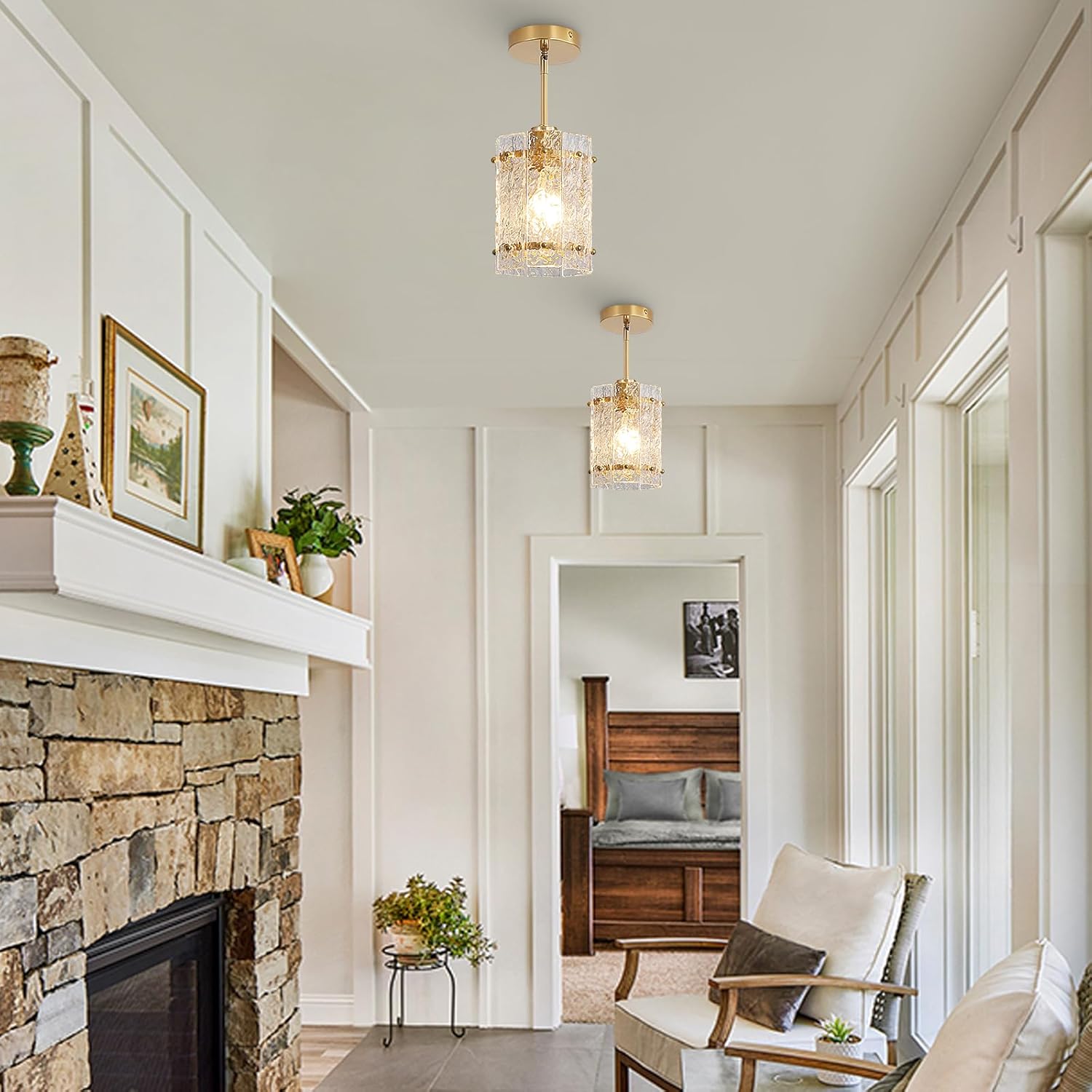 Gold Glass Pendant Lights Kitchen Island, Water Ripple Round Pendant Lights Adjustable Modern Hanging Pendant Light Fixtures for Kitchen Island Dining Room Above Sink Foyer Entryway 1 Pack