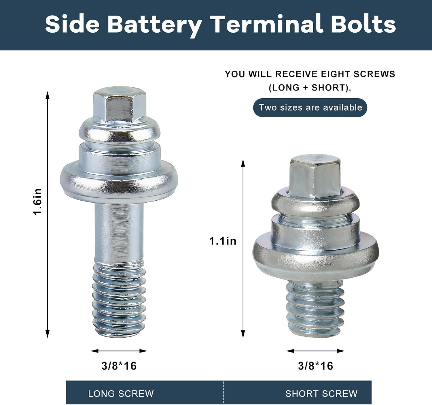 8 PCS Side Post Battery Terminal Bolt, 3/8 Inch Short & Long Stud Standard Auto Terminal Side Post Adapter, Battery Cable Stud Extender Replacement for Cars Trucks SUVs