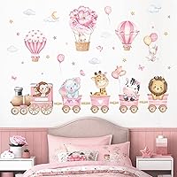 Vista 2 de decalmile Calcomanías de pared de tren de animales rosados, elefante, león, globo aerostático, calcomanías de pared para dormitorio de niñas