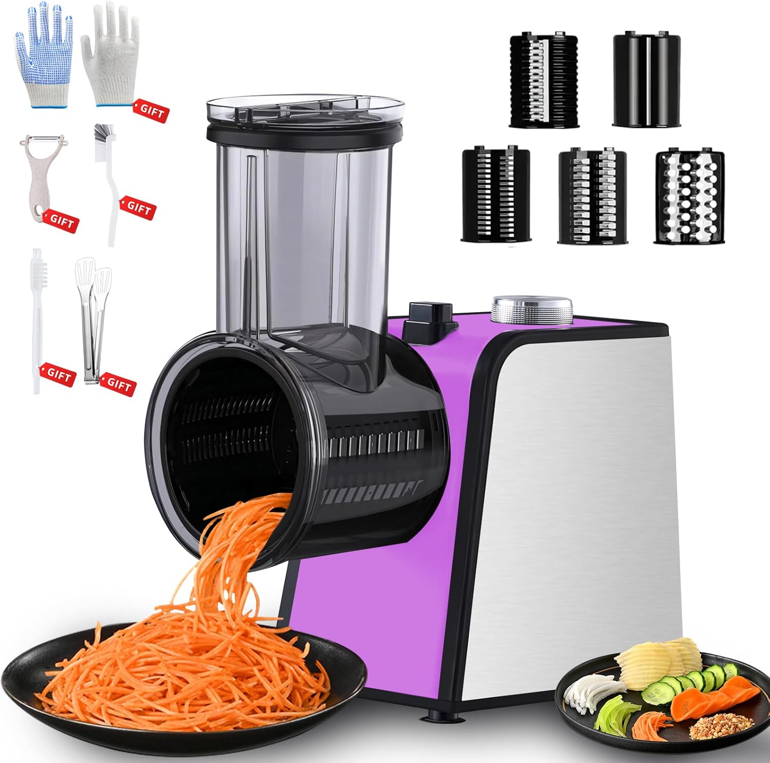 5-In-1 Electric Cheese Grater: [800W Advanced Motor] Upgraded Cheese Grater with 5-Interchangeable Blades, Peelers Cleaning Brush&Gloves as Gifts, Salad Shooter Electric for Cheese, Fruits (Purple)