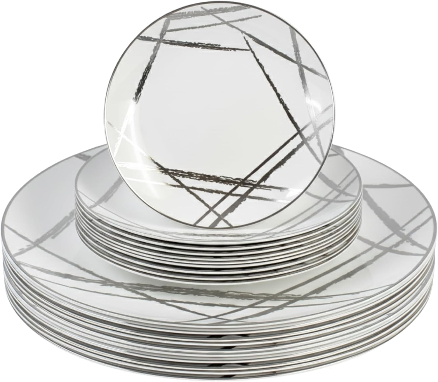 Luxia 20Pcs Elegant White & Silver Abstract 10 Dinner Plastic Plates and 10 Dessert Plates Set Durable, Reusable Plastic Plate Modern Abstract Design Tableware Party Event — image 1