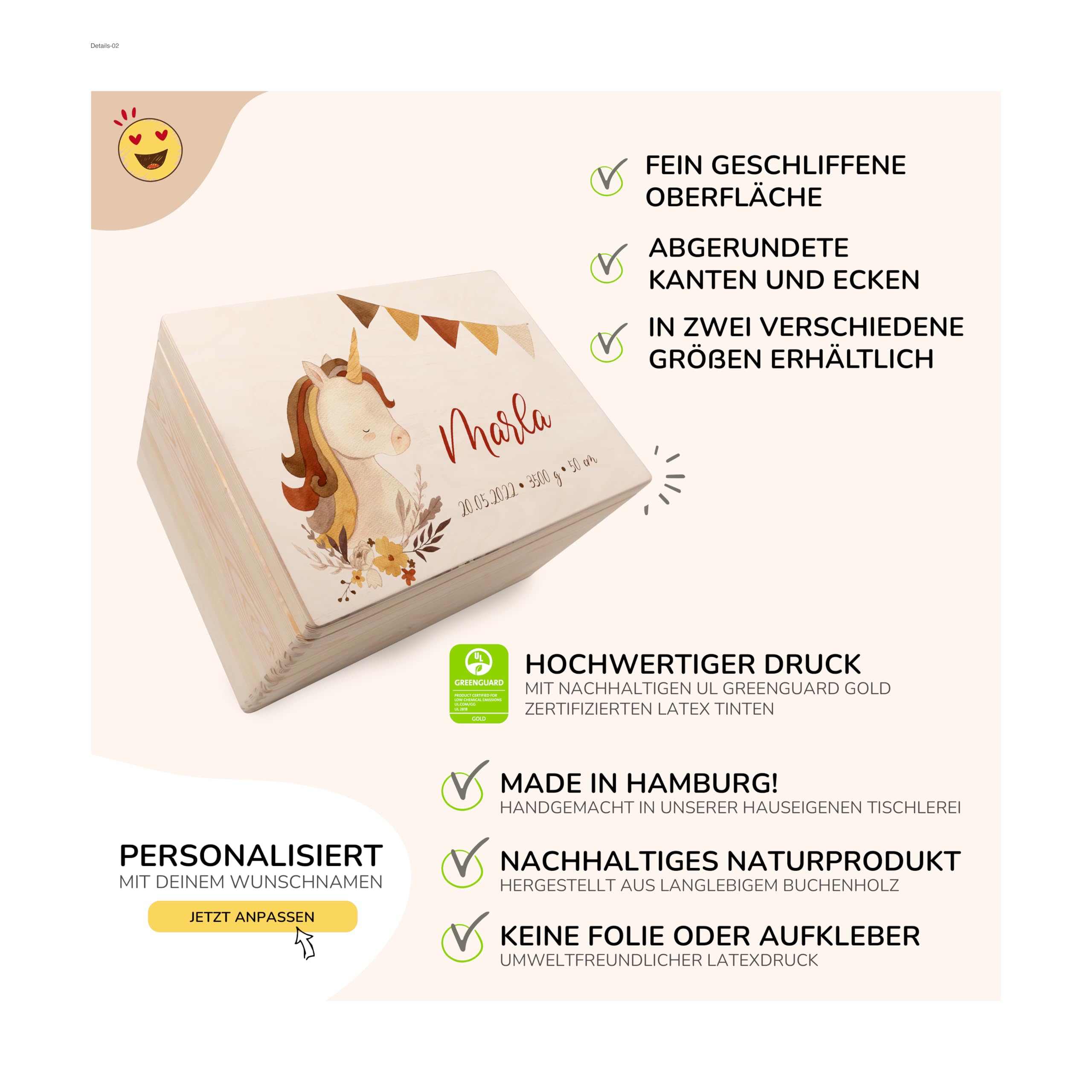 KIDSMOOD - Erinnerungsbox Baby, personalisierte Holzkiste mit Deckel, Ideal zur Aufbewahrung von Erinnerungen und als Geschenk zur Geburt, Taufe oder als Geburtstagsgeschenk für Mädchen und Jungen