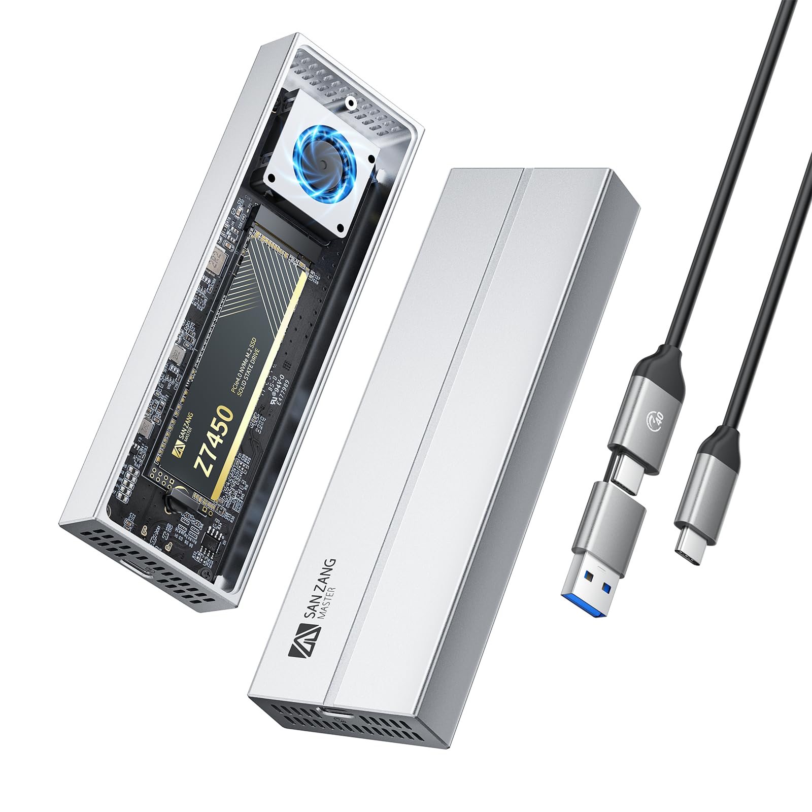 SAN ZANG MASTER USB 4 M2 Enclosure 40Gbps NVMe Enclosure Aktiv gekühltes NVMe Gehäuse mit Lüfter (Kein SATA) - USB4/Thunderbolt 4 - Nur für m2 ssd gehäuse - Für Mac/PC, Alu, Silber - Ohne SSD