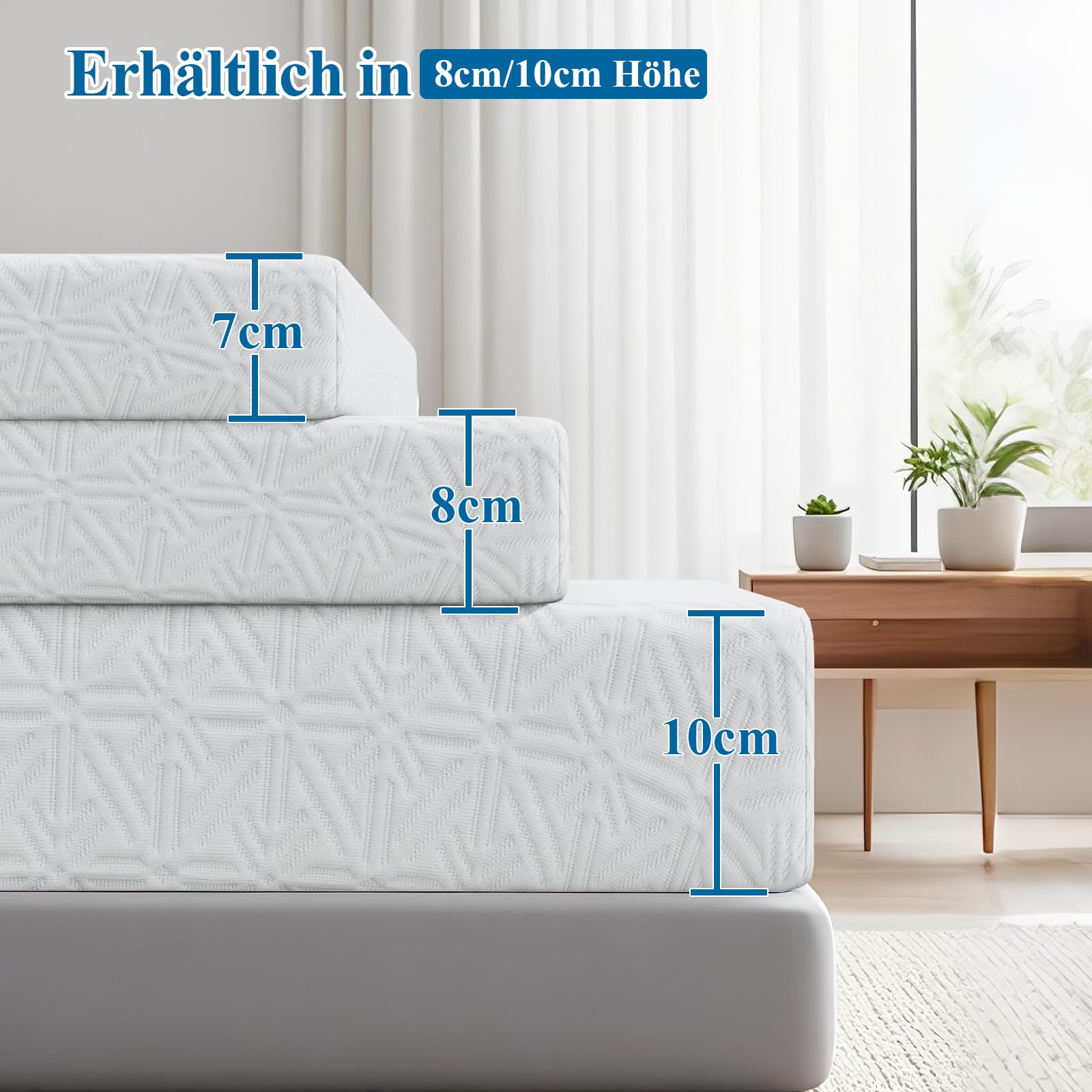 Surmatelas 120 x 200 cm H2/H3, Mémoire de Forme, 10CM épaisseur Surmatelas en Gel avec Housse Amovible et Lavable- Fond antidérapant - 4 Bandes- pour lit à sommier tapissier, canapé-lit, Blanc