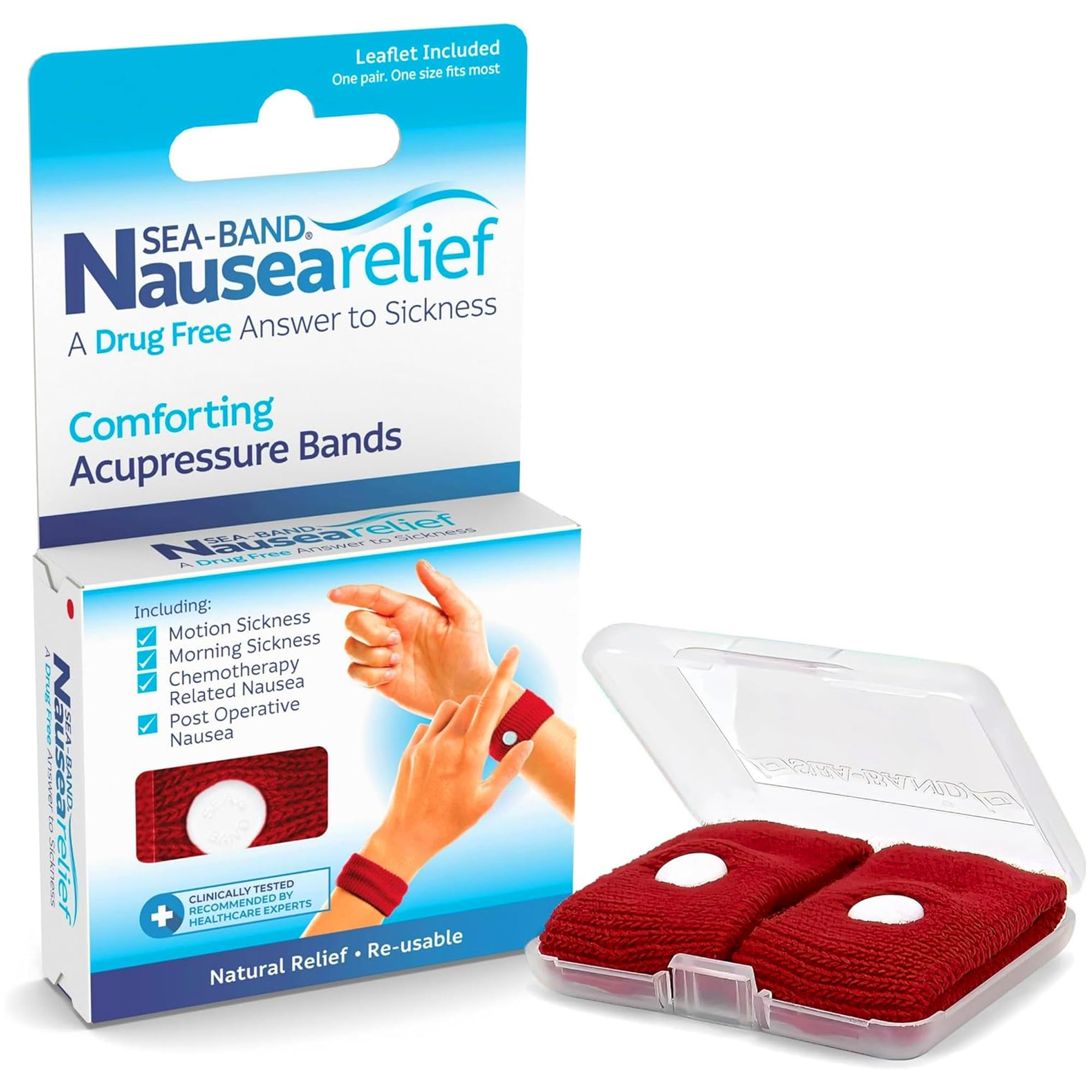 Sea-Band Travel & Motion Sickness and Nausea Relief Acupressure Wristband - Adult (Red), 1 Pair