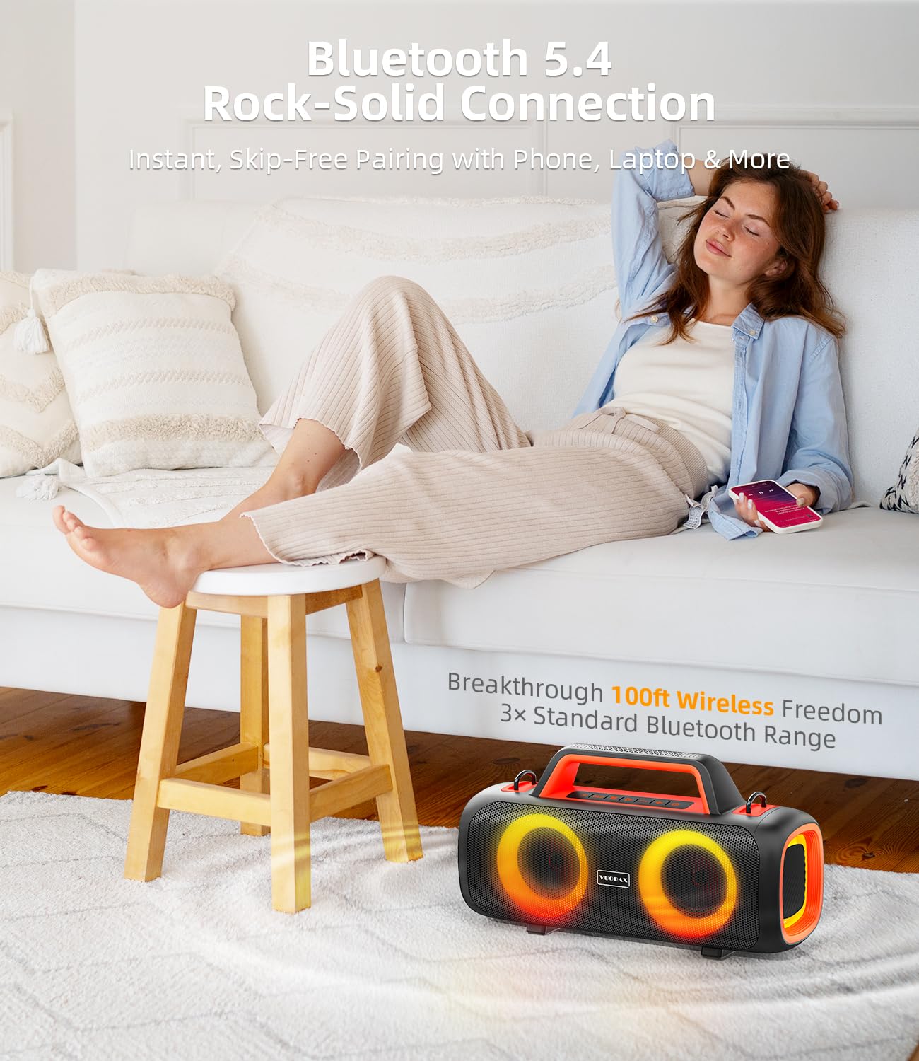 Altavoz Bluetooth Potente Portátil 140 Peak con 2 Subwoofers y 2 Tweeters, | IP65 Impermeable, 24h de Autonomía, Luces RGB, para Fiestas, Playa, Jardín - Conexiones AUX/USB/TF
