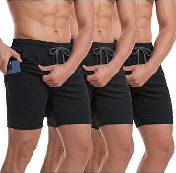 Sureio 3 Pcs Men's 2 in 1 Workout Running Shorts 5 Inch Quick Dry