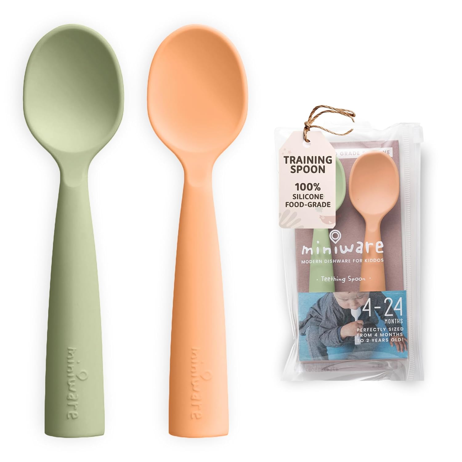 Miniware Silicone Baby Spoon for Training – BPA Free Baby Utensils – Baby Spoons Self Feeding 6 Months | 100% Food Grade Silicone – Modern & Dishwasher Safe | Dishwasher Safe (Pistachio & Toffee)