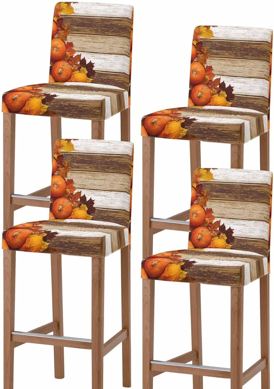 Bar Chair Stool Covers Set of 4, Fall Pumpkin Maple Stretch Washable Removable Bar High Chair Cover, Autumn Botanical Brown Wooden Elastic Bar Chair Protector for Kitchen/Restaurant