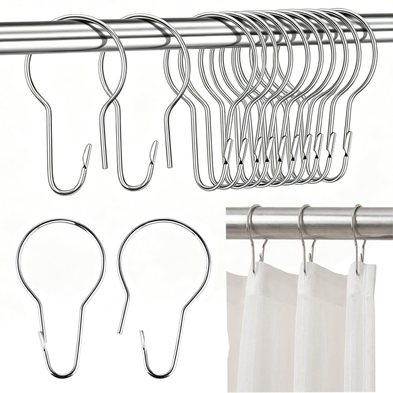 75 Pezzi Ganci per Tenda Doccia, 7 x 3.8cm Anelli per Tenda Da Doccia, Anelli Da Doccia Ganci, Ganci Singoli in Acciaio Inox per Tenda, Finestra Della, Camera (Argento)