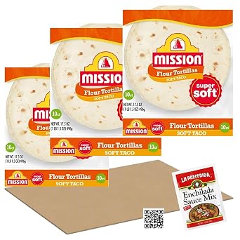 Mission Burrito Flour Tortillas ، حجم كبير ، 10 Count ، حزمة خالية من الدهون المتحولة من 3 30 تورتيلا كبيرة ، 1 1.5oz مزيج صلصة La Preferida Enchilada ، ورمز إعادة طلب مغناطيسي