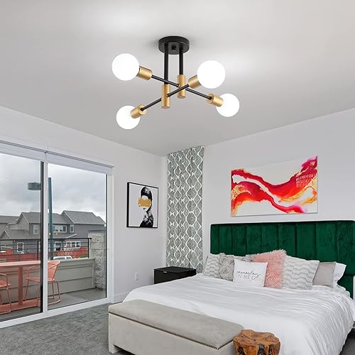 Miniatura 10 de Lámpara de techo Sputnik moderna negra y dorada, 4 luces de mediados de siglo, luces de techo semiempotradas de metal industrial para dormitorio,