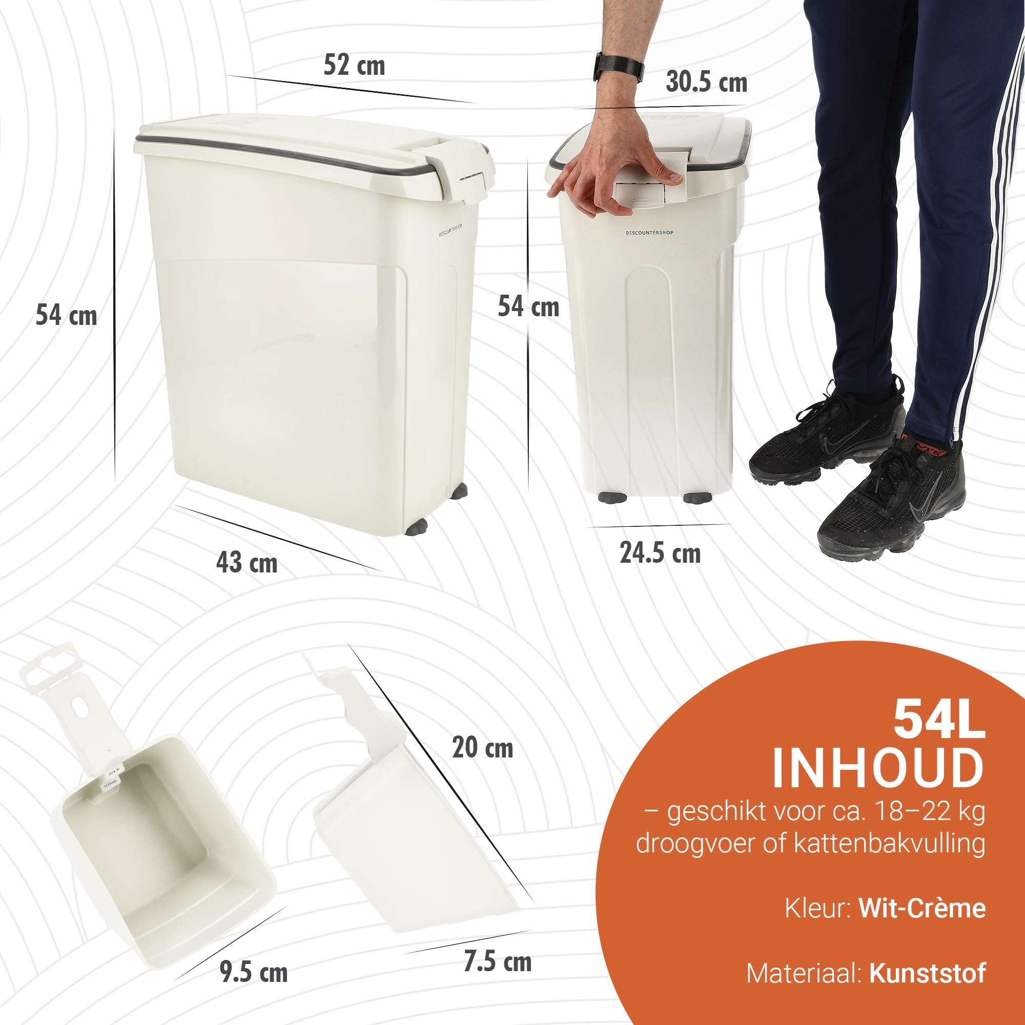 Conteneur alimentaire hermétique 54L pour chiens et chats - Avec roues et pelle, pour environ 20 kg de nourriture sèche, litière pour chat ou croquettes pour chien
