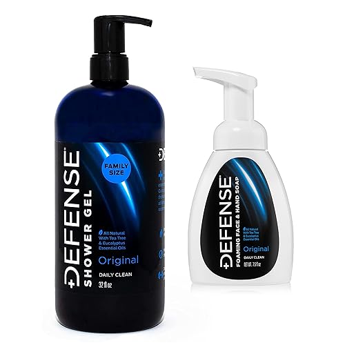 Defense Soap Gel de ducha natural con aceite de árbol de té, aceite de eucalipto, romero y aloe vera, 32 onzas líquidas y líquido de defensa, 32