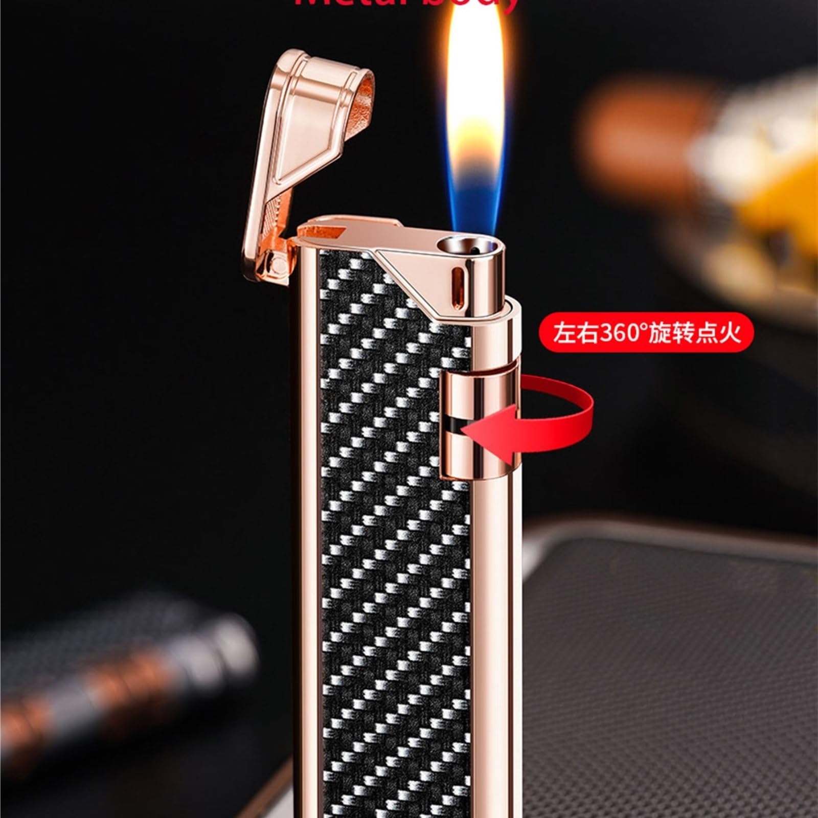 Encendedor de metal, recargable de butano, llama abierta, tamaño de llama ajustable, portátil y elegante para uso en exteriores, fogata, gran idea de regalo