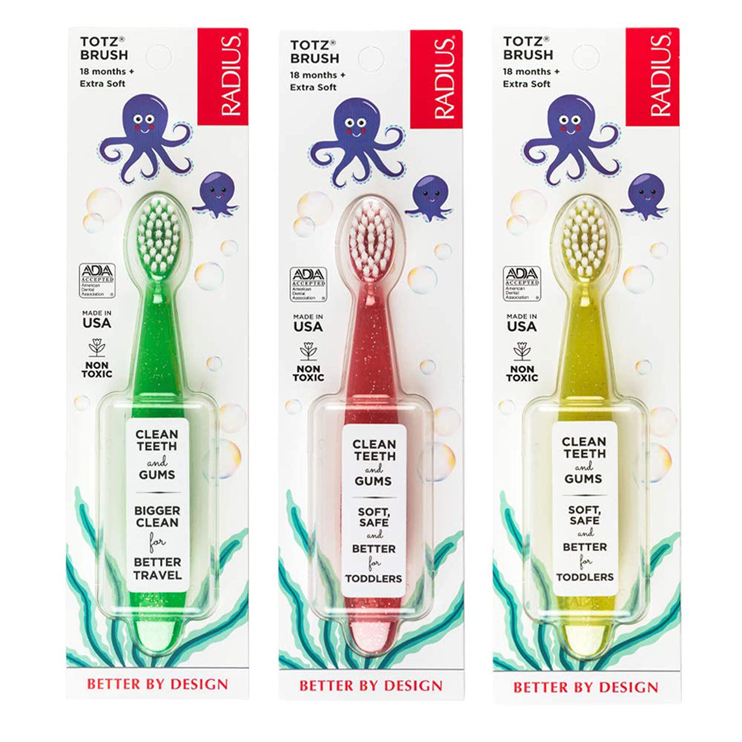 RADIUS Childrens Toothbrush Totz Brush Extra Soft Bristles Green Coral Yellow BPA Free ADA Accepted Designed for Delicate