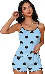 Conjunto de pijama feminino de verão, estampa de coração azul, alças finas, macio e respirável