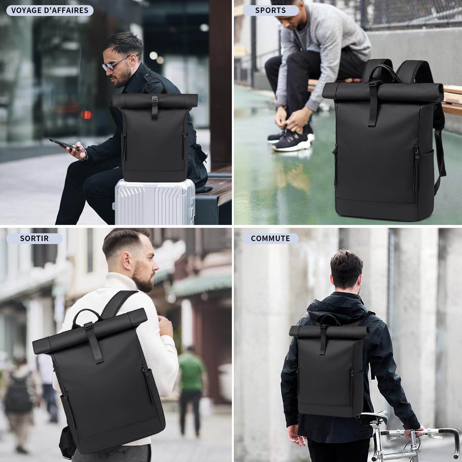 Sac à Dos Roll top Femme Ordinateur Noir Grand Sac a Dos Homme et Femme Travail Extensible Sac a Dos PC Ordinateur Portable Bagage à main 17.3 Pouces pour Randonnée Voyage Cyclisme Universit