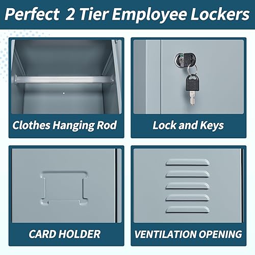 Miniatura 6 de MIIIKO Taquilla metálica de 2 niveles para empleados con barra para colgar, armarios de gimnasio con llaves, armario de almacenamiento de oficina en