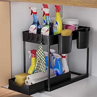 AIXPI Kitchen Organiser 2 Tiers, Under Sink Shelf with Hooks and Cup, Spice Rack, Dishwasher Organiser, Kitchen Shelf, Cup...