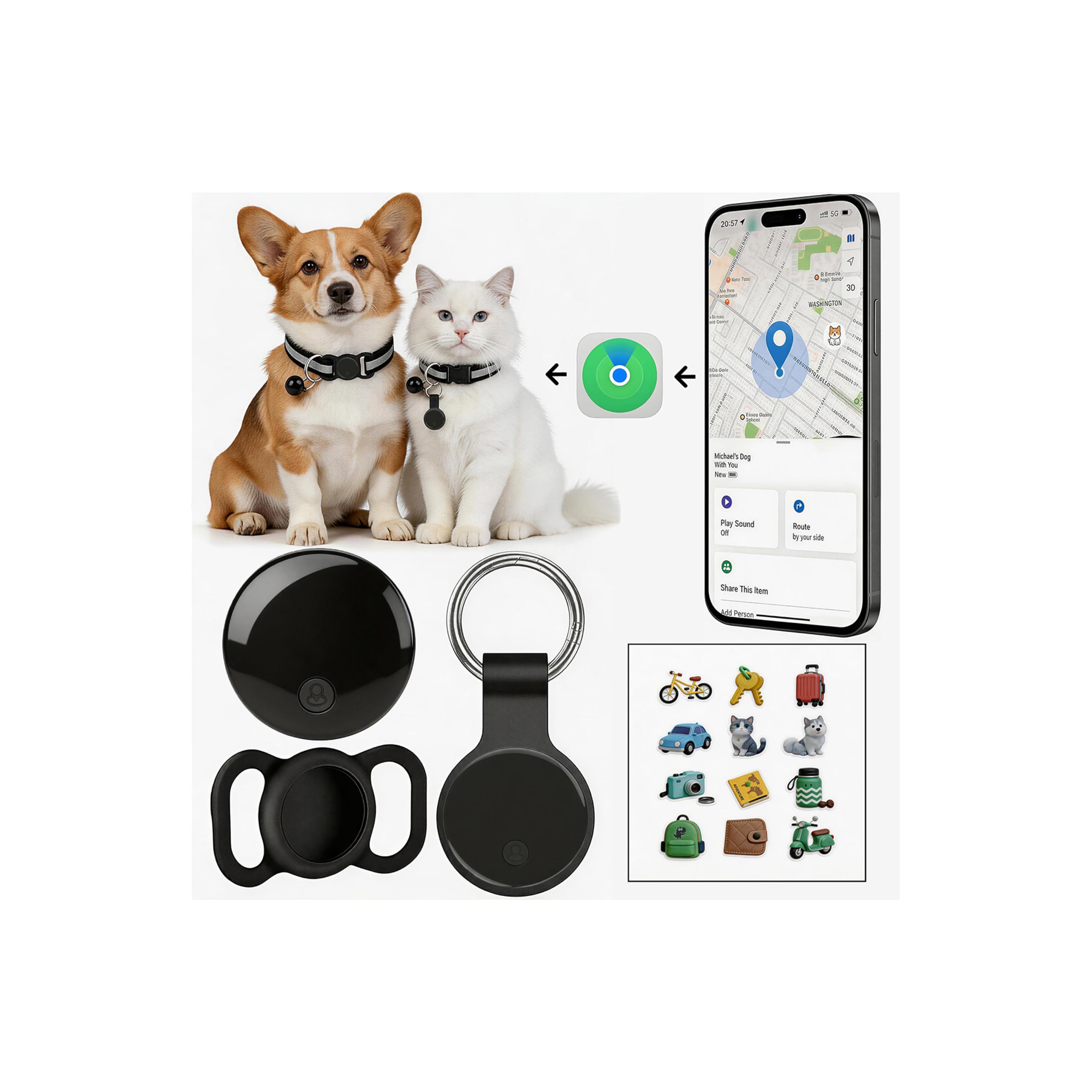 Rastreador GPS para perros y gatos, sin tarifa mensual, sin tarjeta SIM, posicionamiento en tiempo real y alertas inteligentes antipérdida, mini rastreador impermeable a prueba de caídas, batería de