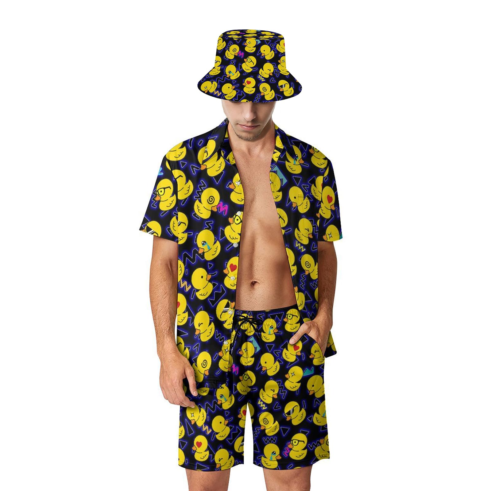 Conjunto de camisa y pantalones cortos hawaianos para hombre, conjunto de 2 piezas de los años 80 y 90 para hombre, traje de manga corta con botones y sombreros de pescador