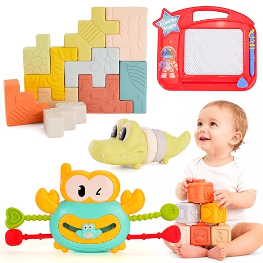 4-in-1 Montessori Baby Toys for 6-12 Months,Babies Travel Toy Set with Stacking Blocks,Drawing Board,Pull String Silicone Teething Toy, Infant Learning Gift for Toddler 1-3 Year Old