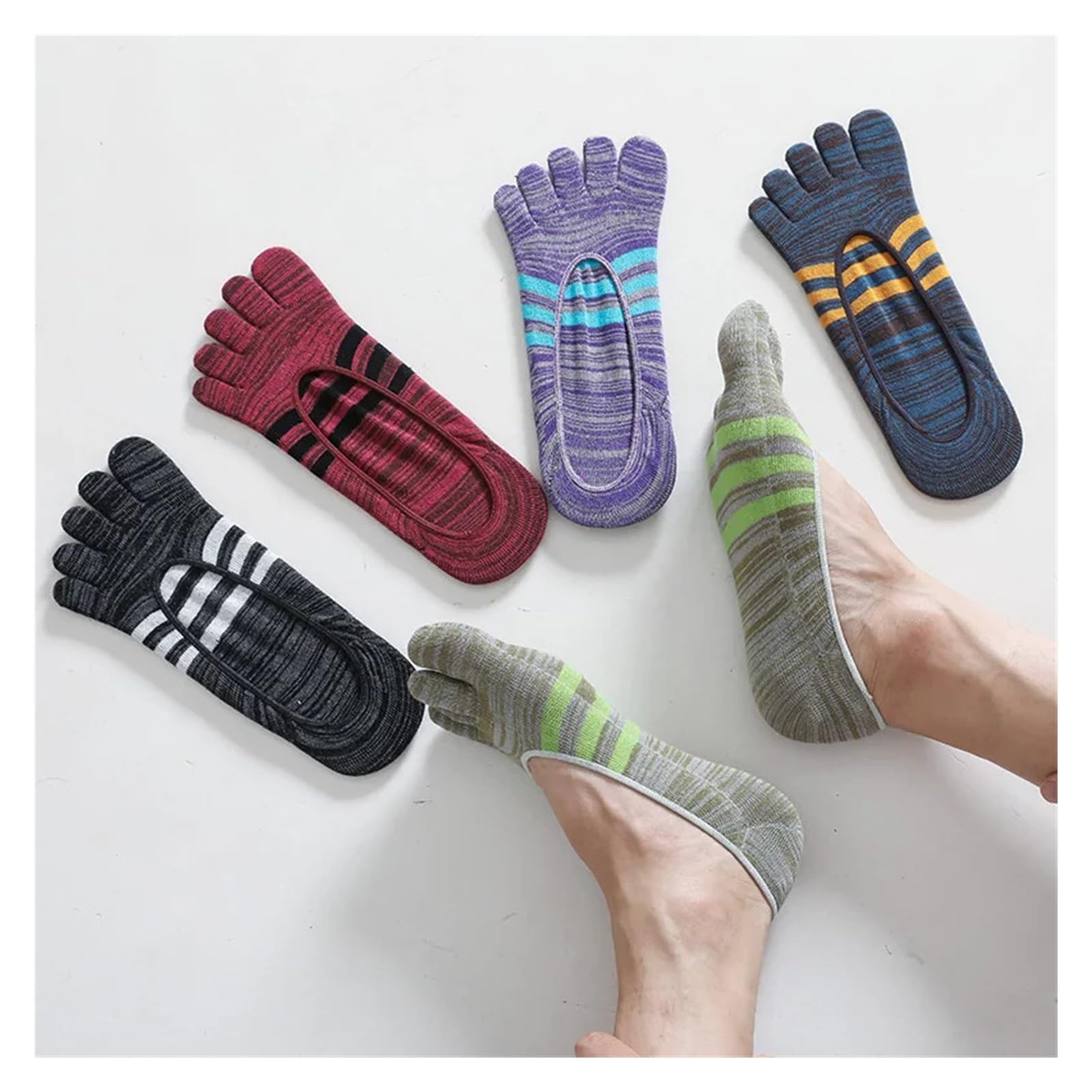 Five Fingers 5 Paia Calzini Estivi Con Punta Invisibile Strisce Colorate In Cotone Da Uomo Sottili Morbidi Bocca Superficiale Traspiranti A Dita per Uso Quotidiano