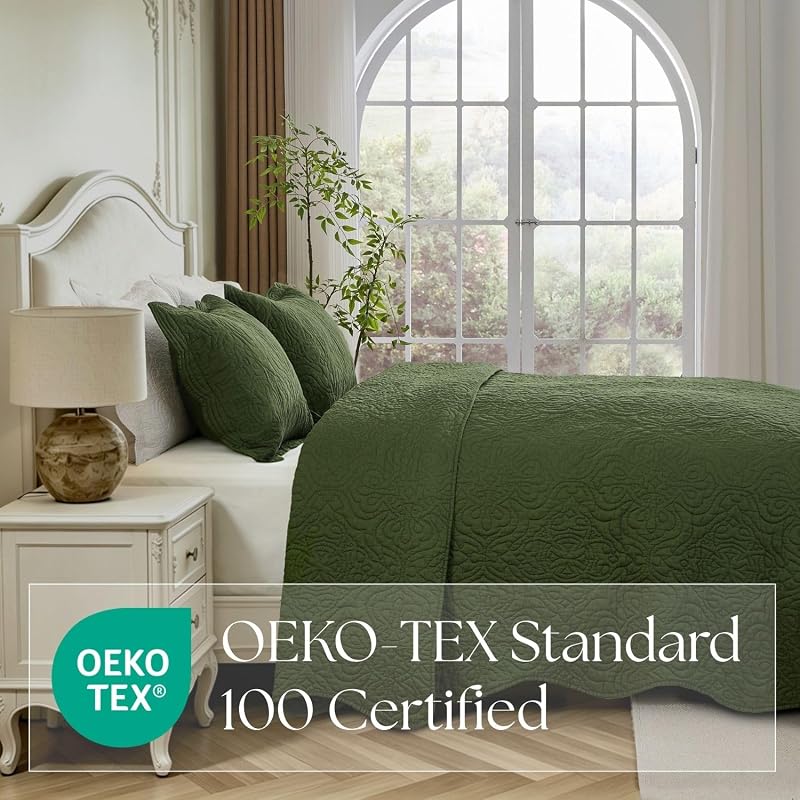 DOWN HOME 100% Cotton Sateen Quilt Set | Silky Soft & Breathable | Elegant Medallion Damask Pattern | Lightweight Cotton Fill | All-Season Bedding | Queen Size 3-Piece Set, Vine Green, 86"X90" image 3