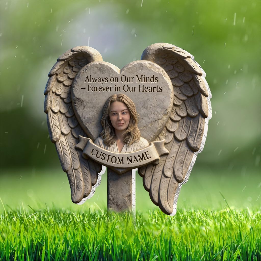 Always On Our Minds - Personalized Memorial Acrylic Garden Sign/Acrylic Plaque Sign Heart Shaped Angel Wings Sympathy Yard Art Loss Of Loved One Grave Marker Outdoor Decor Remembrance Stake