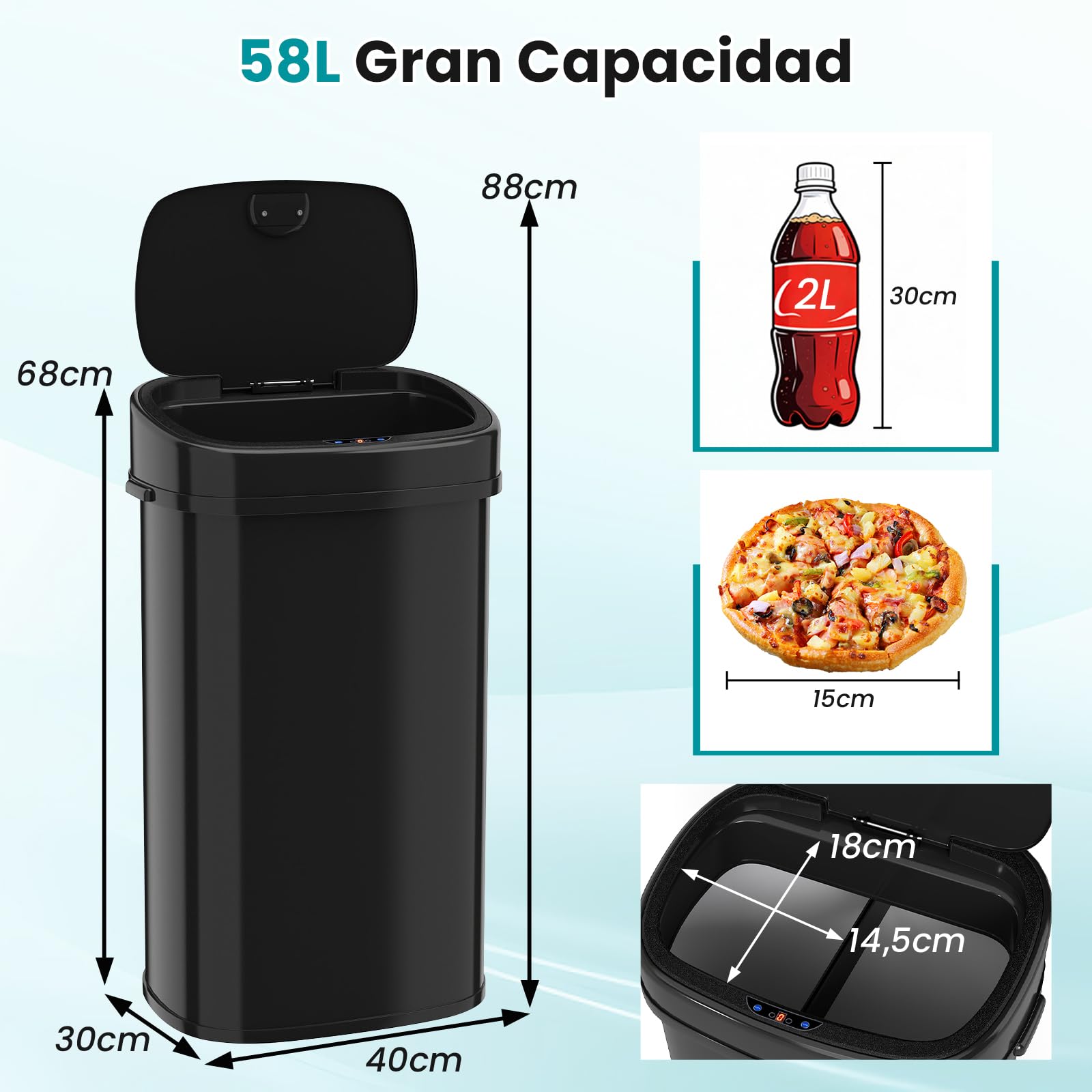 COSTWAY Cubo de Basura Automático 58L, Papelera Cocina de Reciclaje Inteligente con 2 Compartimentos, Tapa que se Mantiene Abierta y Cierre Suave, Cubos Basura con Sensor para Cocina, Negro