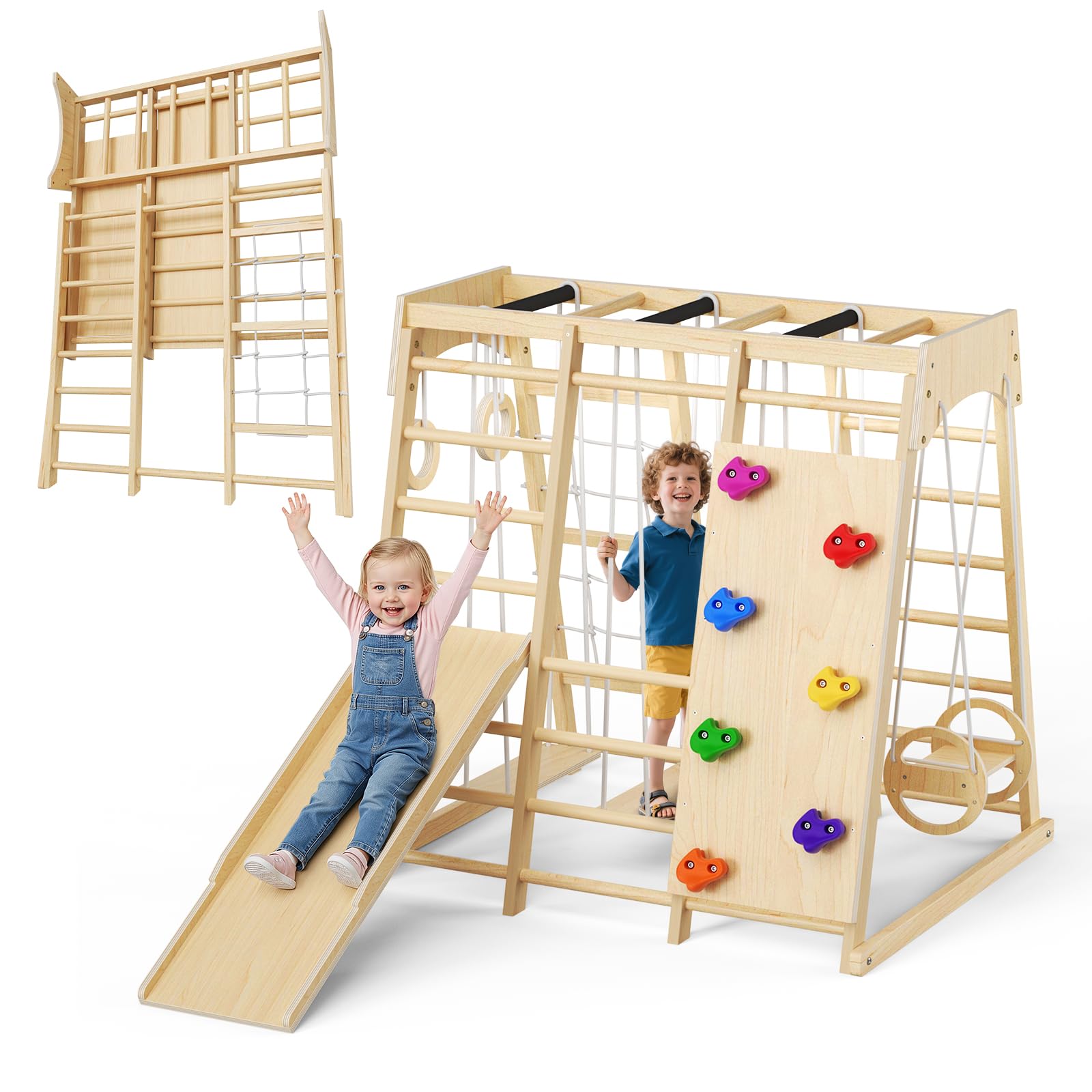 9-in-1 Indoor Climbing Frame for Toddlers, Jungle Gym Play Set for 1-6 Years Kids, Multi-Functional Toddler Climber Toys with Slide, Monkey Bar, Swing, Suspension Bridge, Climbing Rope Net, Ladders