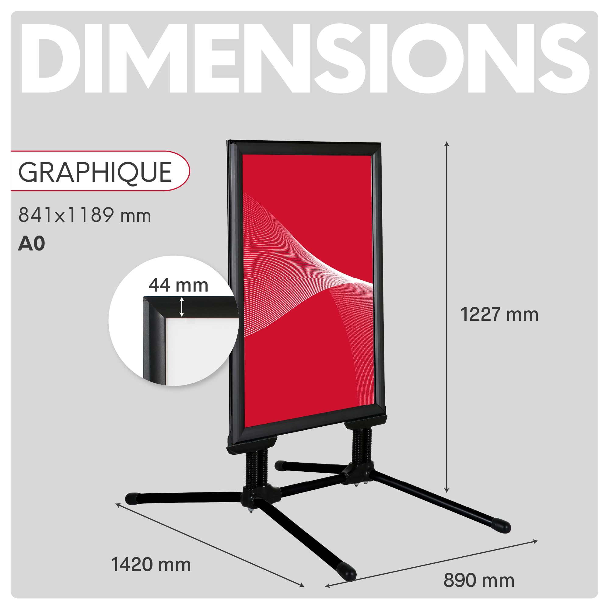 Stop Trottoir - Chevalet Publicitaire en Trottoir pour Extérieur, Cadre Clic en Aluminium 44 mm, Affichage Recto-Verso, Format A0, Couleur Noir - Idéal pour Extérieur et Intérieur