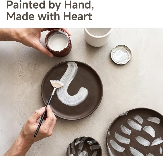 KINGSTONE Stoneware Dinnerware Sets for 6, 18-Piece, Handmade Pinched & Hand-Brushed Serveware Set, Organic Irregular Edge Dishes Set for Housewarming & Wedding Gifting, Microwave & Dishwasher Safe