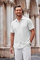 Vista 102 de COOFANDY Camisa casual con botones para hombre, manga corta, sin arrugas, camisa de verano