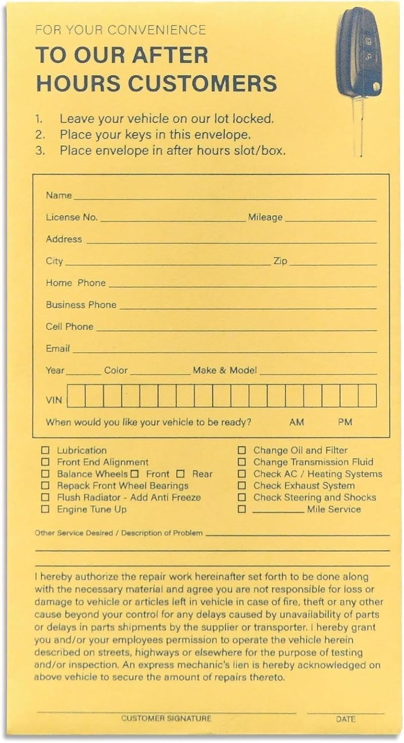 Key Drop Off Envelopes for After Hours | Auto Shop Repair/Service Drop Box Overnight Envelopes | 3.5" x 6.5" (500)