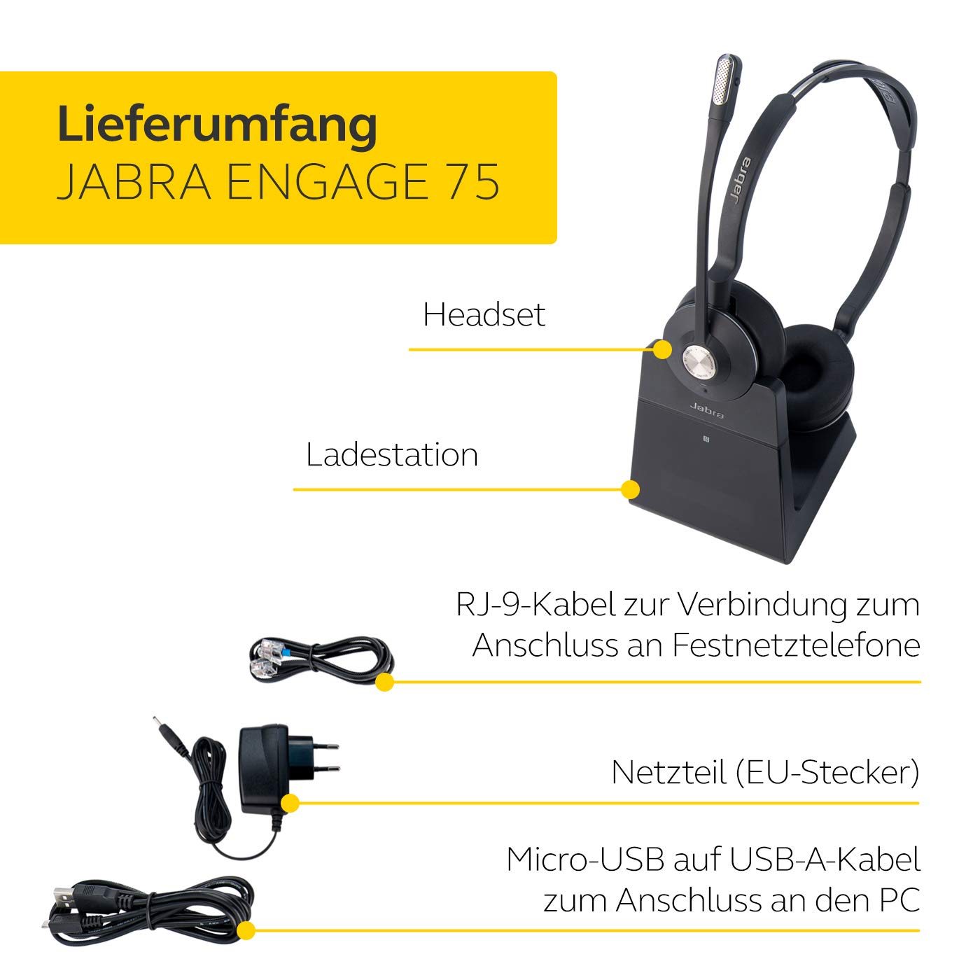 Jabra Engage 75 Casque DECT Stereo - Casque Sans Fil Certifié Skype Entreprise avec Suppression Avancée du Bruit pour Téléphones fixes et Softphones - Noir - Version UE (Reconditionné)
